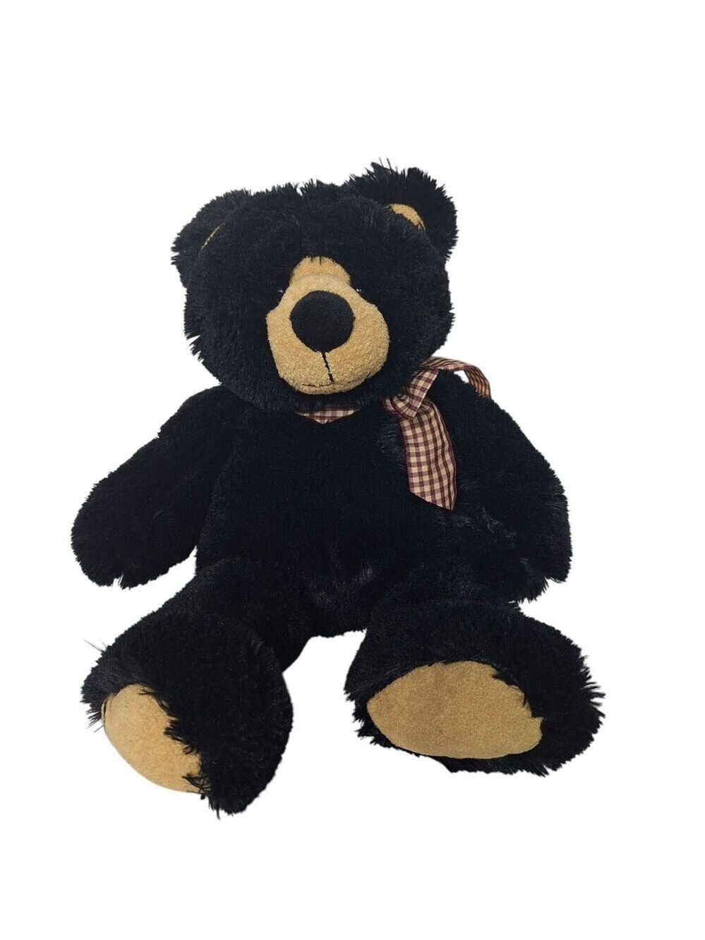 CalPlush Black Bear Large Stuffed Animal Plaid Bow